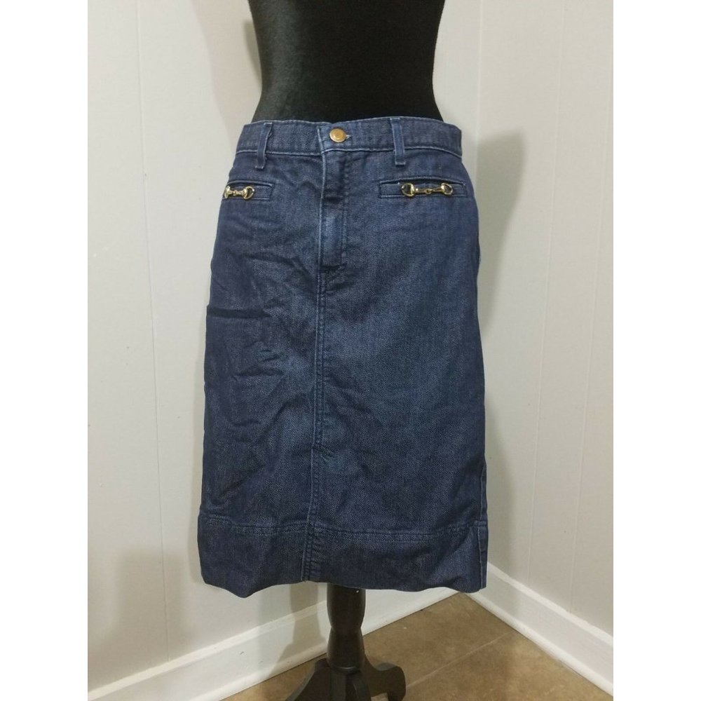 mark eisen Women's Denim Skirt Size 8 Dark Blue Front/Back Pockets SHORT SLIT~ A